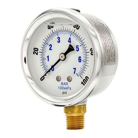 Engineered Specialty Products, Inc Pic Gauges 2-1/2" Vacuum Gauge, Liquid Filled, 100 PSI, Stainless Case, Lower Mount, PRO-201L-254E PRO-201L-254E